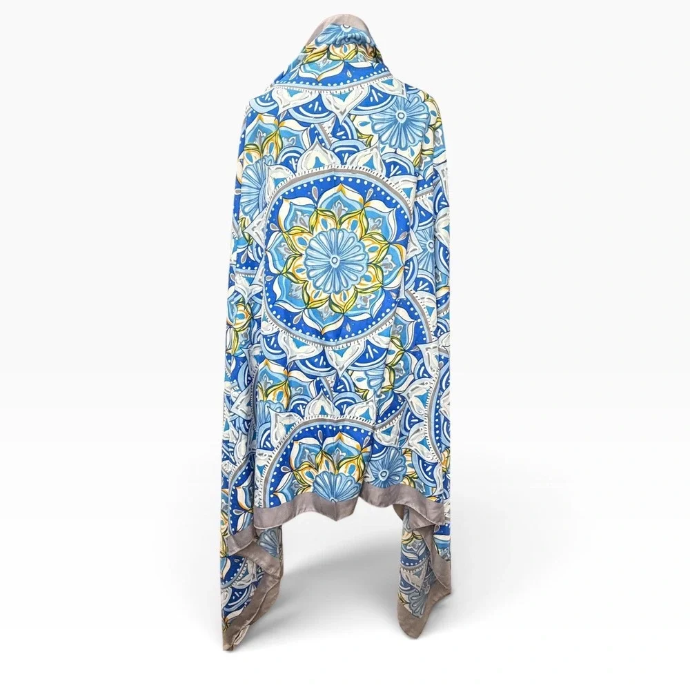 Caracciolo Napoli Maiolica Ceramic Print Scarf Blue White Floral Medallion Wrap